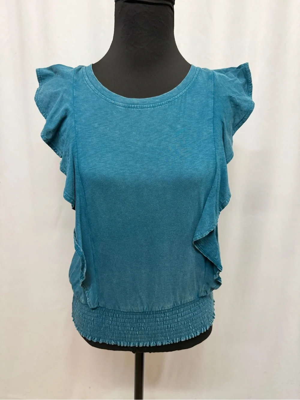 Justice Girls XL Teal Flutter Sleeve Smocked Hem Ruffle Boho Peplum Knit Top